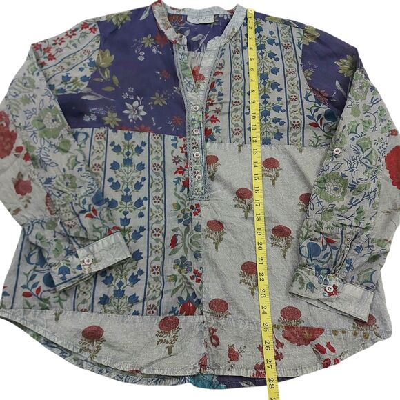 Vintage Goa Top Womens Large Gray Floral Roll Tan Sleeve Bohemian Lagenlook - Picture 12 of 12